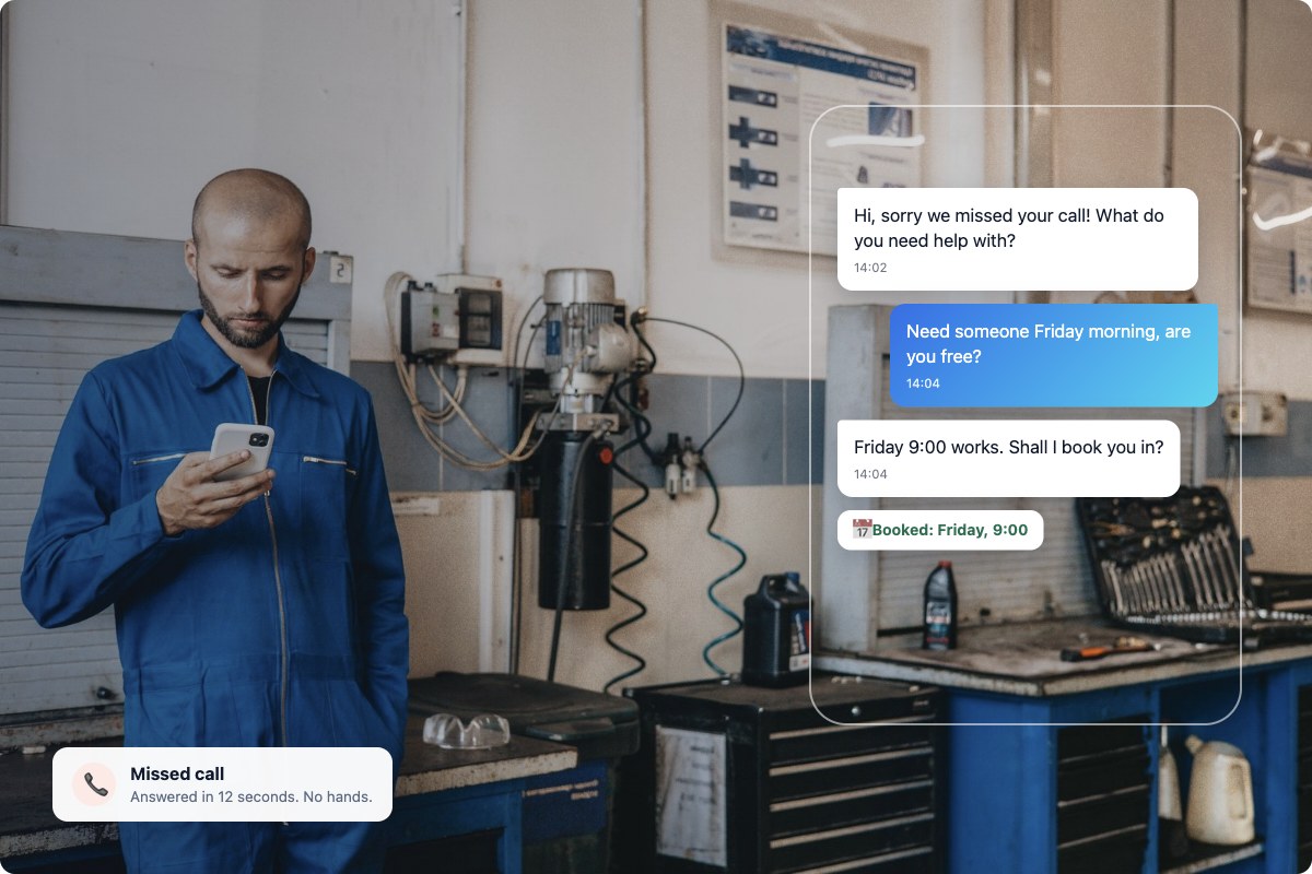 A tradesman in his workshop while his business answers a missed call and books the job on WhatsApp