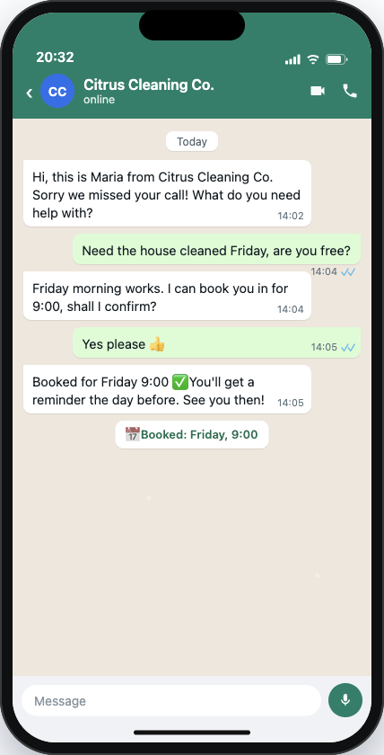 A missed call answered and booked on WhatsApp, automatically