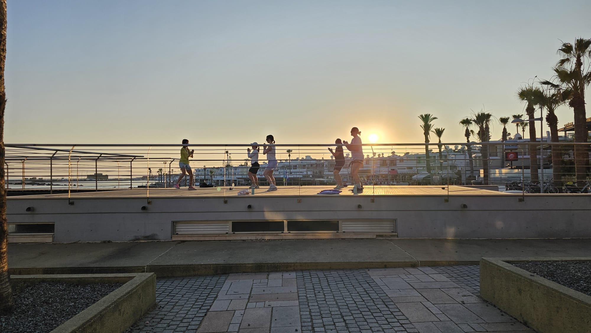 Sunset by the marina, steps to promenade, fitness deck, and palm-lined views.